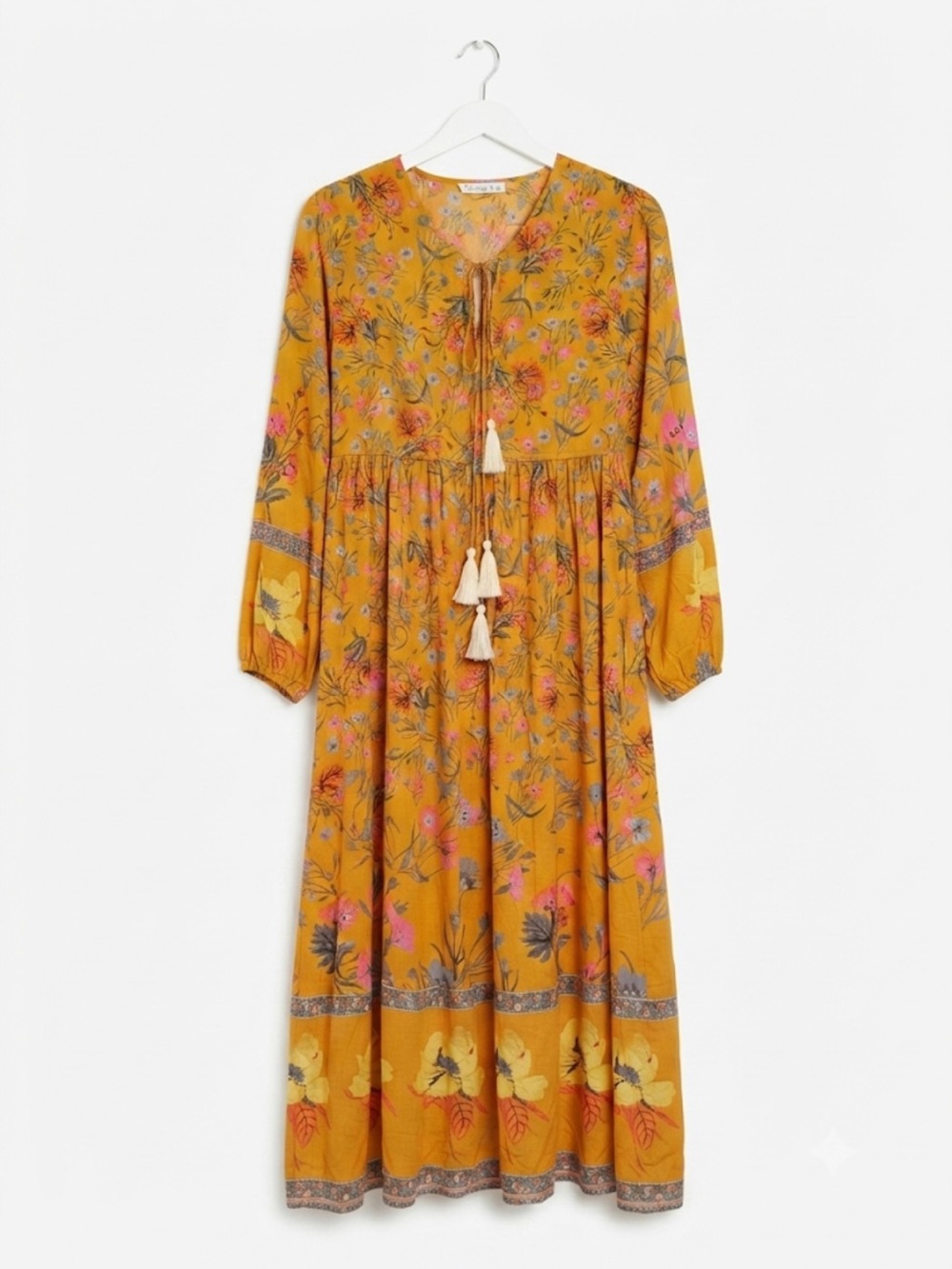 R. Vivimos Floral Boho Tassel Midi Floral Nap Dress Yellow XL EUC